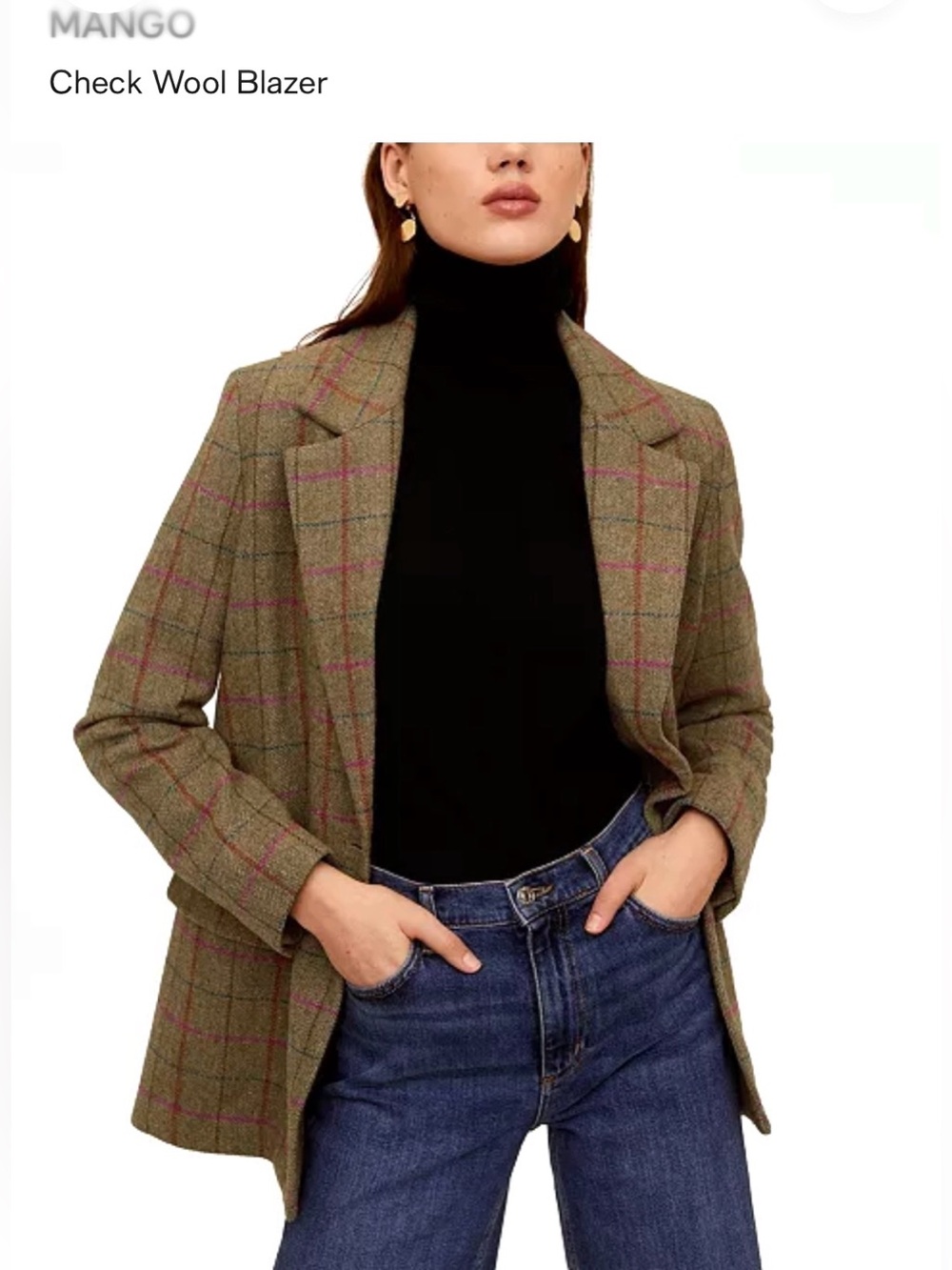 MANGO Wool Blazer Boxy Olive Checked Blazer/Coat oversized XXS fits S